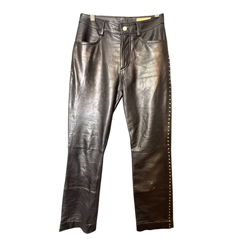 Rem Garson Black Leather Studded Pants Women Size 0 Straight Leg Biker Rocker
